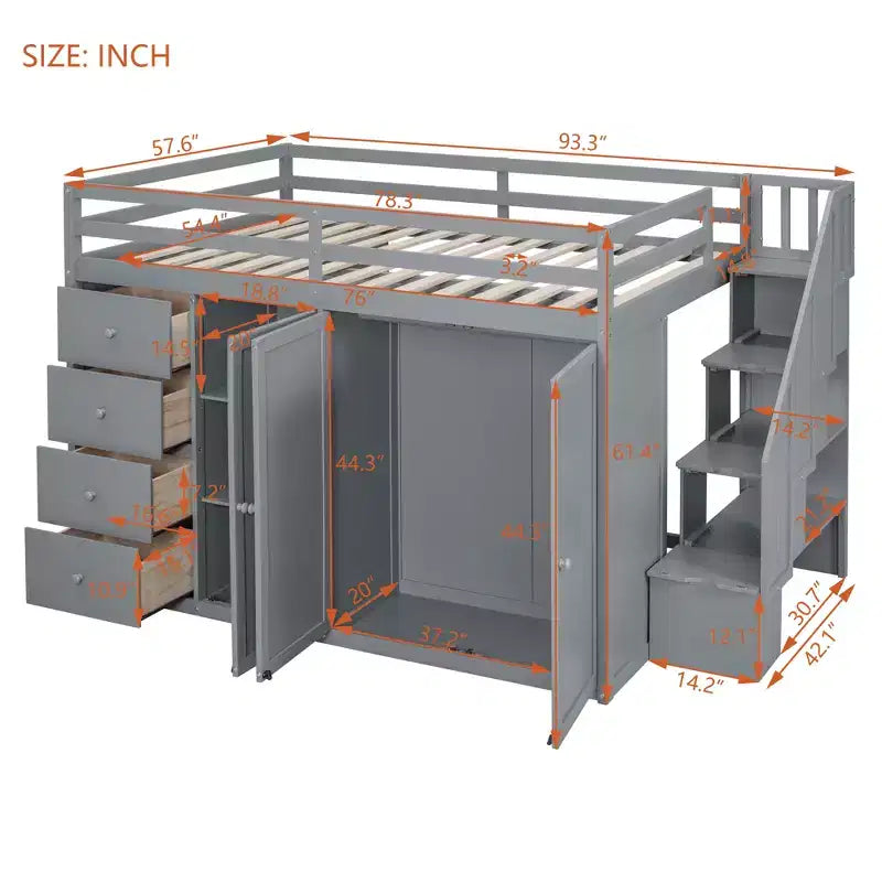 Lit mezzanine pleine taille Teddy Fleece avec étagère de rangement et tiroirs, lit mezzanine haut en bois avec bureau polyvalent pour chambre à coucher