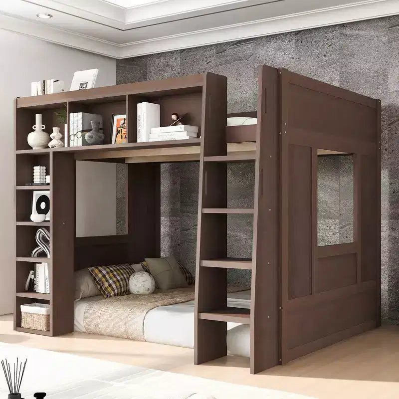 Lit mezzanine double Whisen en bois avec armoires de rangement et étagères