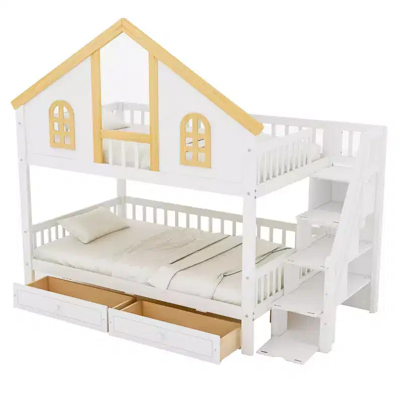 Lit superposé Whisen pour jumeaux avec porte fenêtre et toit, tiroirs de rangement et escalier