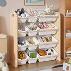 VECELO Étagère de Rangement pour Enfants avec 12 Bacs, Meuble de Rangement en Bois pour Tout-Petits, Grande Capacité pour Livres ou Jouets