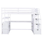 Lit mezzanine taille jumeau avec bureau et étagères, deux tiroirs intégrés, escalier de rangement