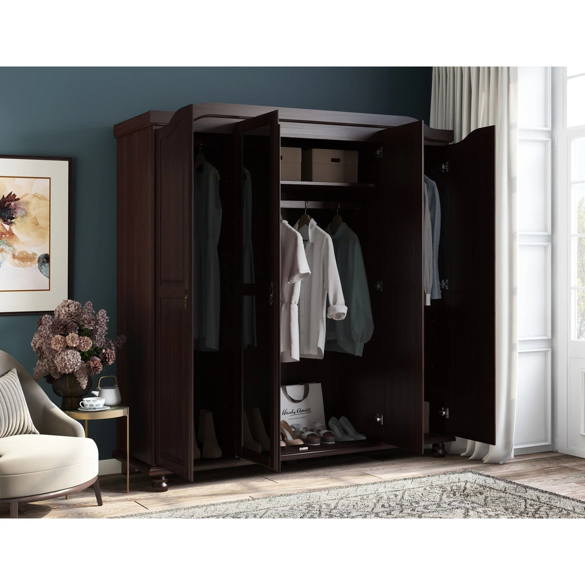 Palace Imports Kyle Armoire 4 portes 100 % en bois massif avec portes en bois massif ou portes miroir