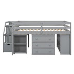 Lit mezzanine double avec bureau rétractable et 3 tiroirs, lit mezzanine en bois avec escalier de rangement et étagères