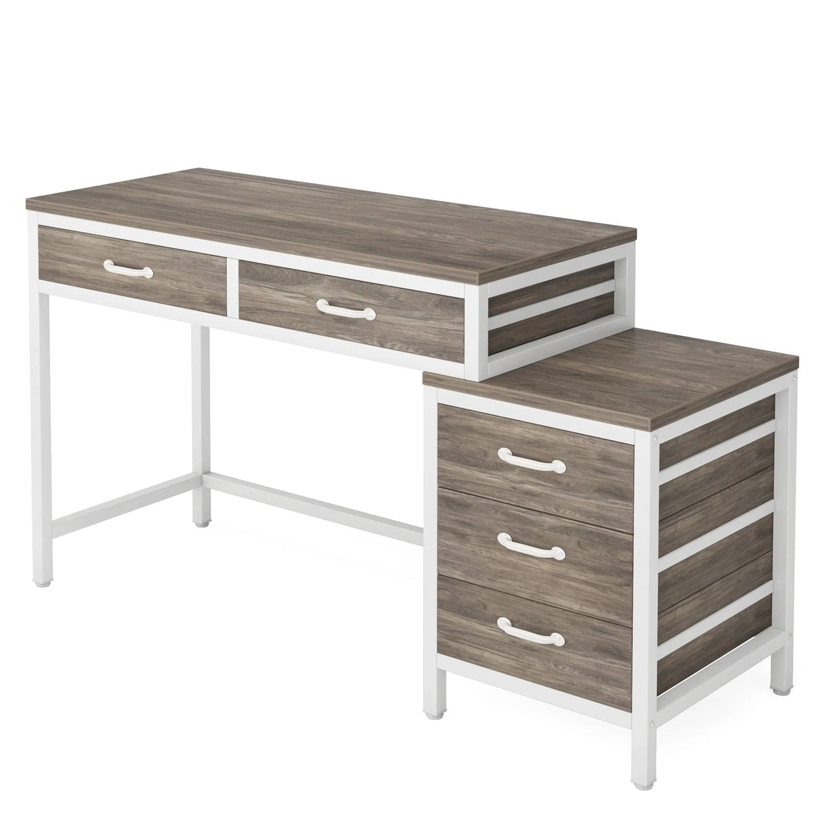 Bureau d'ordinateur réversible avec 5 tiroirs, bureau de travail à domicile avec caisson de rangement pour dossiers et support pour imprimante