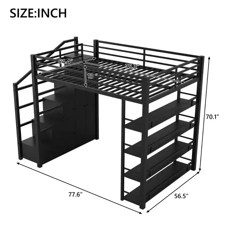Lit mezzanine Queen Size en métal avec étagères de rangement, armoires et penderie