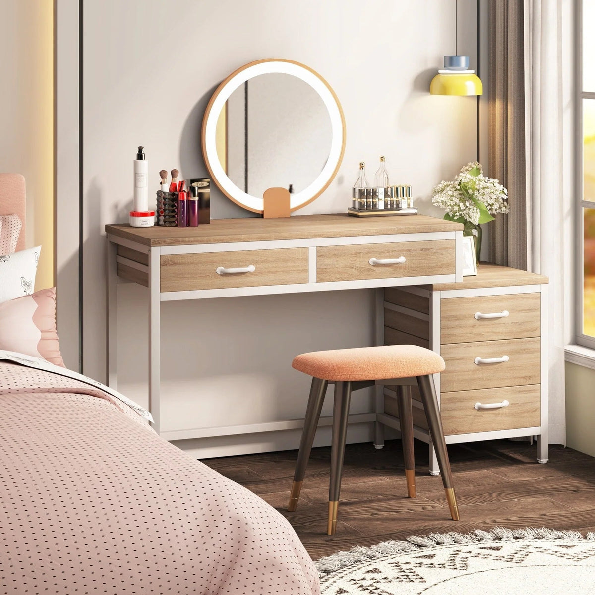 Bureau d'ordinateur réversible avec 5 tiroirs, bureau de travail à domicile avec caisson de rangement pour dossiers et support pour imprimante