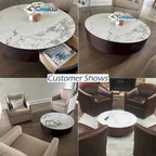 Table basse ronde moderne de 35 en faux marbre, plateau en pierre frittée blanche brillante, table de style milieu du siècle avec tiroir en bois massif