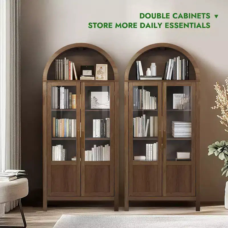 Meuble de rangement haut cintré de 71 po avec 2 portes en acrylique et étagères pour salon