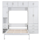 Lit escamotable moderne blanc pleine grandeur avec tiroirs, casiers et armoires