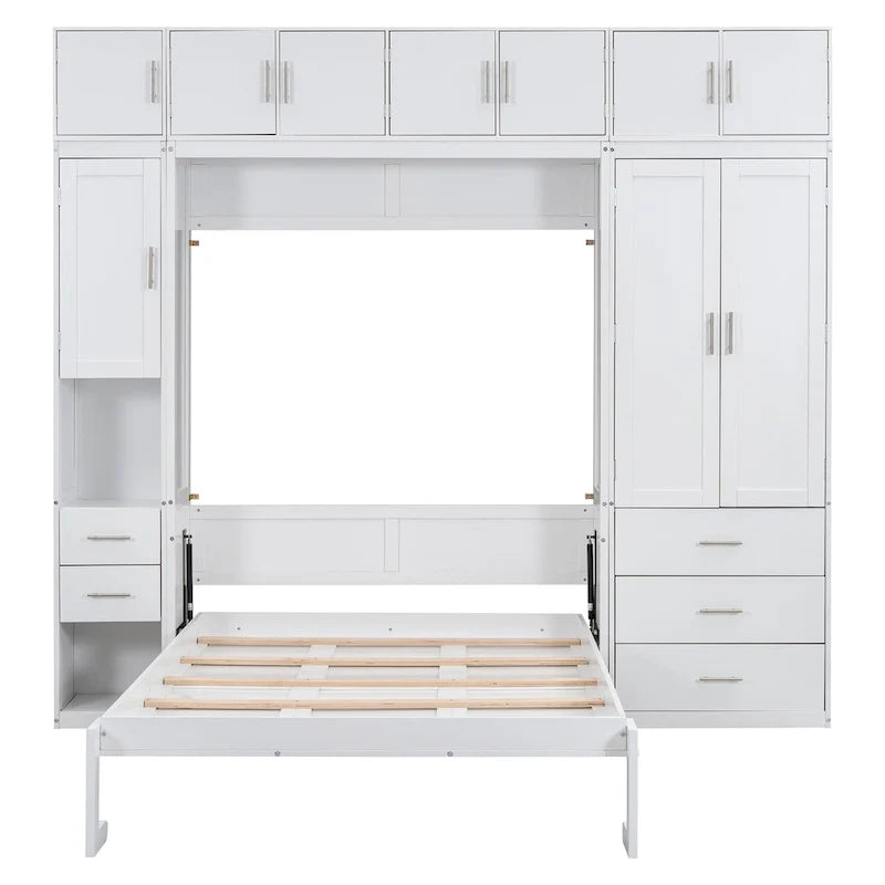 Lit escamotable moderne blanc pleine grandeur avec tiroirs, casiers et armoires