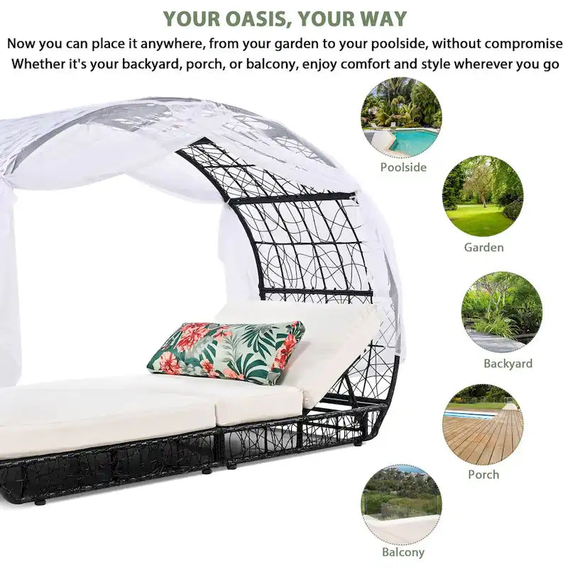 Oaks Aura Outdoor, bain de soleil avec coussin, rideau et coussin coloré, fauteuils lounge en résine tressée, transats réglables pour le jardin