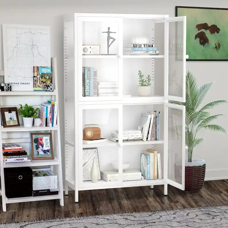 Meuble de rangement à quatre portes vitrées avec étagères et pieds réglables en acier laminé à froid