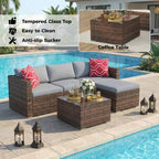 Ensemble de mobilier de patio 5 pièces, canapé d'angle en osier tout temps avec coussins antidérapants, ensemble de canapé d'extérieur en rotin avec pouf.