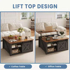 Table basse relevable JIONJOY 31,5" avec grand espace de rangement dissimulé, étagères réglables, table basse carrée de style ferme pour salon, petits espaces