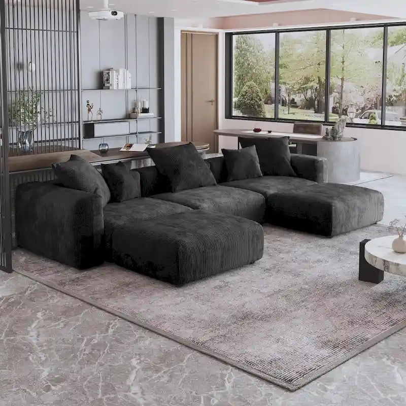Canapé d’angle modulable 141,73, canapé en velours côtelé en U avec poufs