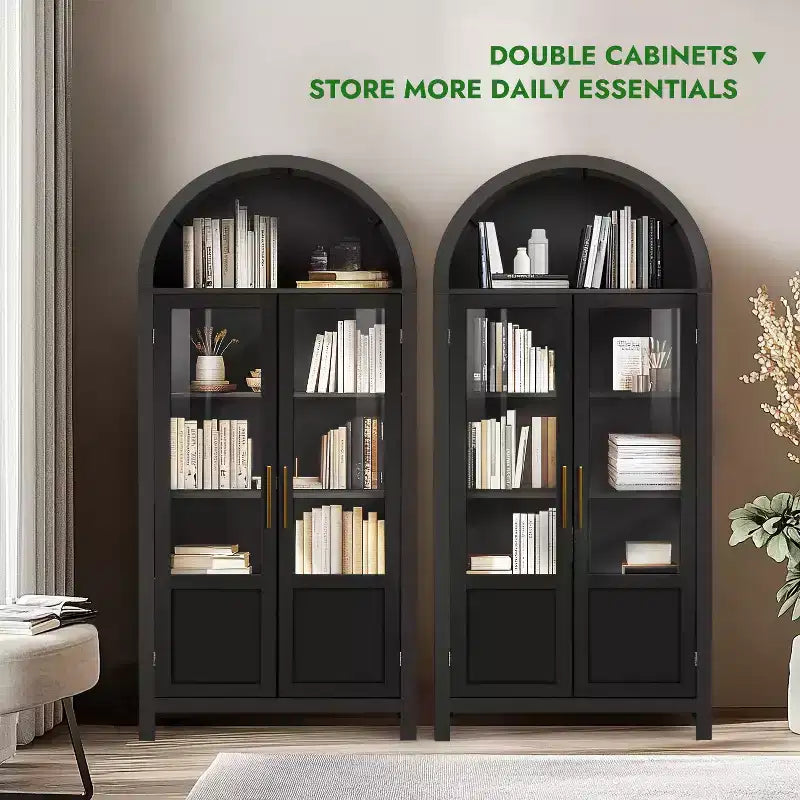 Meuble de rangement haut cintré de 71 po avec 2 portes en acrylique et étagères pour salon