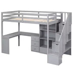 Lit mezzanine une place avec bureau en L, 3 tiroirs, placard, rangements intégrés dans l'escalier, en pin massif/MDF