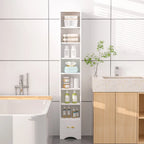 VECELO Armoire de salle de bain étroite de 180 cm de haut, en bois massif, 8 étagères, meuble de rangement autonome