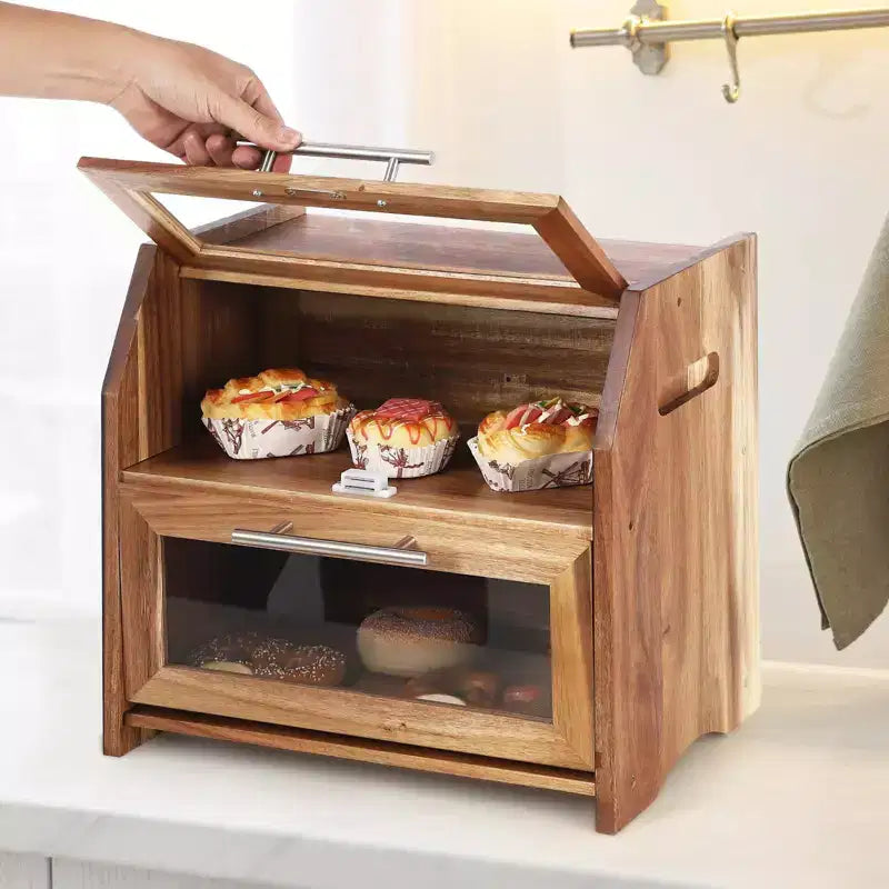 Boîte à pain, double couche, en bois d'acacia, avec panneau de porte en acrylique transparent, aérations, conteneur à pain de comptoir, porte-pain marron rustique