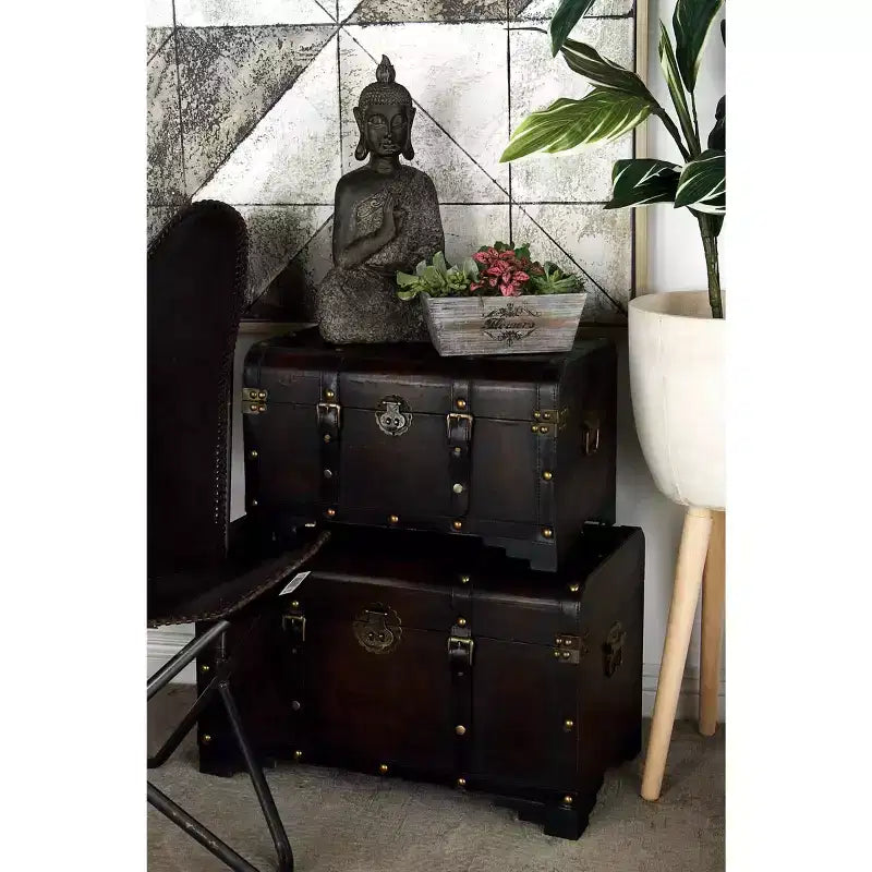 Lot de 3 malles en bois traditionnelles marron - Olivia & May : Finition vieillie, aucun assemblage requis, rangement décoratif