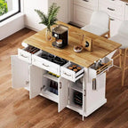 Grand îlot de cuisine avec abattant en bois, desserte à roulettes avec texture en relief, portes, tiroirs et rangement pour cuisine, blanc