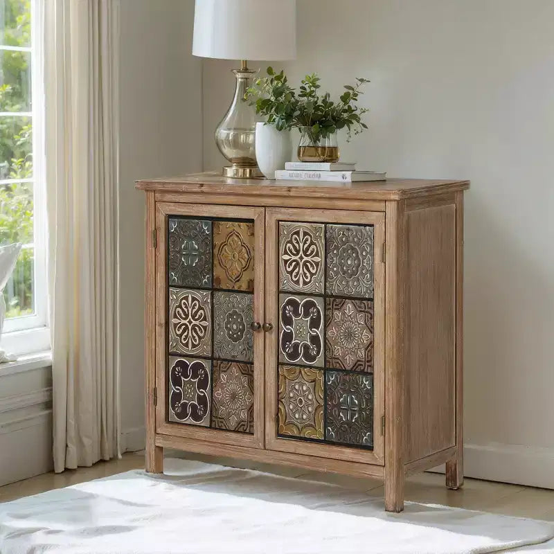 Meuble de Rangement Captiva Designs avec 2 Portes, Motifs Carreaux Vieillis, pour Entrée ou Salon