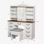 Coiffeuse 10 tiroirs avec miroir, finition noyer avec 10 étagères et tabouret, pour chambre à coucher, montage facile