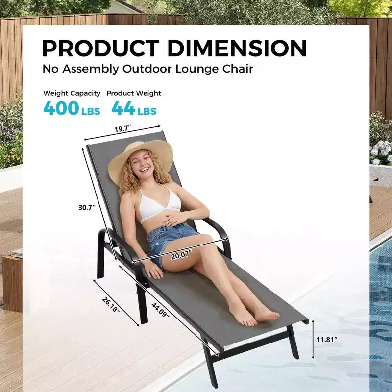 Lot de 2 chaises longues de jardin, transat inclinable réglable sur 5 positions, tissu Textilène, chaise longue de piscine de 193 cm pour terrasse, jardin et bord de piscine