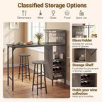 Costway Ensemble table de bar et chaises 3 pièces Table et tabourets de pub industriels avec porte-bouteilles Marron/Chêne