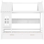 Lit cabane avec tiroirs de rangement et fenêtre, cadre en bois massif avec étagères, design amusant et enfantin, blanc clair