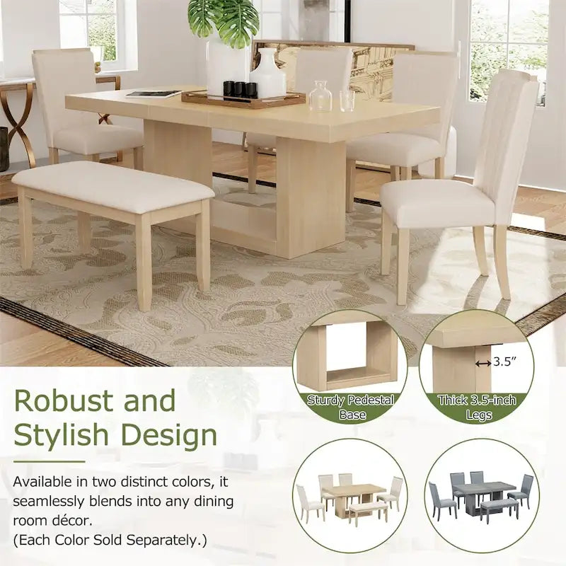 Ensemble de salle à manger contemporain de 6 pièces avec table à rallonge de 198 cm et pied central