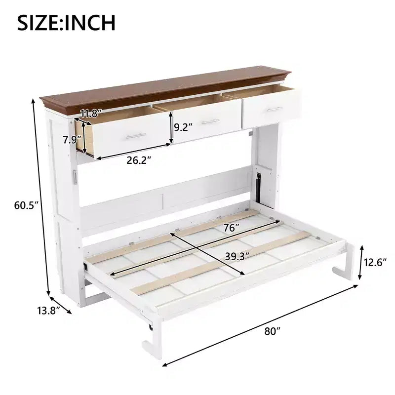 Lit escamotable double avec 3 tiroirs, armoire murale pliable, blanc