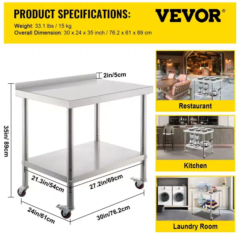 VEVOR Table de préparation en acier inoxydable, 76 x 61 x 89 cm, capacité de charge de 200 kg, table de travail en métal robuste, argent