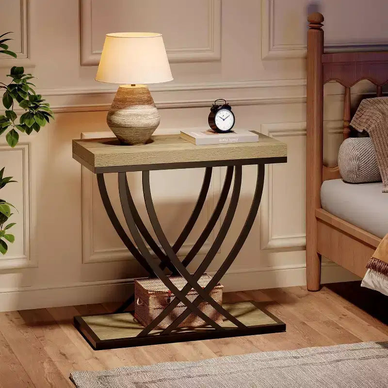 Table d'appoint, bout de canapé étroit à 2 niveaux pour salon, table de chevet industrielle avec structure en métal pour chambre, canapé, petits espaces, gris