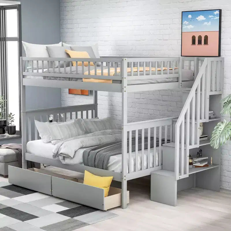 Lit superposé double sur double avec deux tiroirs de rangement et des étagères de rangement pour chambre d'enfants, d'adolescents et d'adultes
