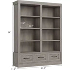 Bibliothèque et étagères de 64 H, étagère avec 3 tiroirs de rangement, étagère ouverte à 4 niveaux double largeur pour bureau salon