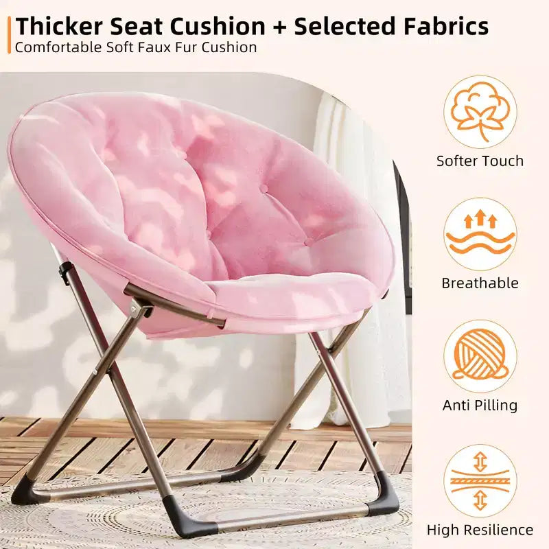 Fauteuil soucoupe, fauteuil moelleux en fausse fourrure, fauteuil lune avec structure métallique pliable, siège d'appoint floral