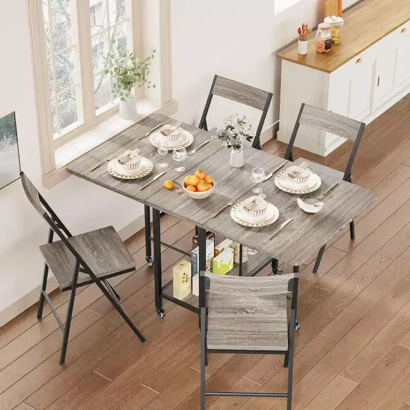 47 Ensemble de salle à manger pliant 5 pièces de style ferme pour 4 personnes - Table pliante en bois sur roulettes et 4 chaises pliantes - Cadre en acier robuste, peu encombrant pour appartement