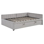 Lit de repos rembourré avec lit gigogne escamotable simple, Cadre de lit de repos double avec dossier en L et design rayé