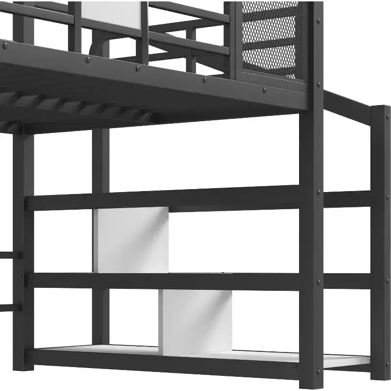 Lit mezzanine cabane avec toboggan et escalier de rangement - Cadre métallique pour enfants et adolescents