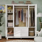 Armoire en bois blanc de 156 cm avec 2 tiroirs, tringle et étagères