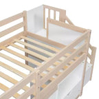 Lit mezzanine jumeau Okak en bois massif avec escalier et rangement, lits superposés jumeaux à profil bas avec tiroirs et étagères, lits mezzanine multifonctionnels pour enfants et adolescents