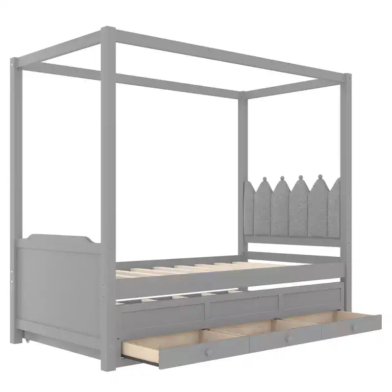 Lit plateforme double/grand format avec lit gigogne, lit à baldaquin en bois de princesse avec 3 tiroirs, lit de rangement avec tête de lit capitonnée pour chambre à coucher