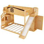 Lit superposé deux places et une place avec toboggan, étagères, escalier de rangement et armoire pour chambre d'enfant