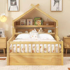 Lit cabane en bois ModernLuxe (taille lit simple/double) avec tête de lit de rangement, cadre de lit pour enfants en pin massif avec barrières de sécurité