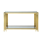 Console étroite à 2 niveaux avec structure en métal doré et plateau en verre trempé