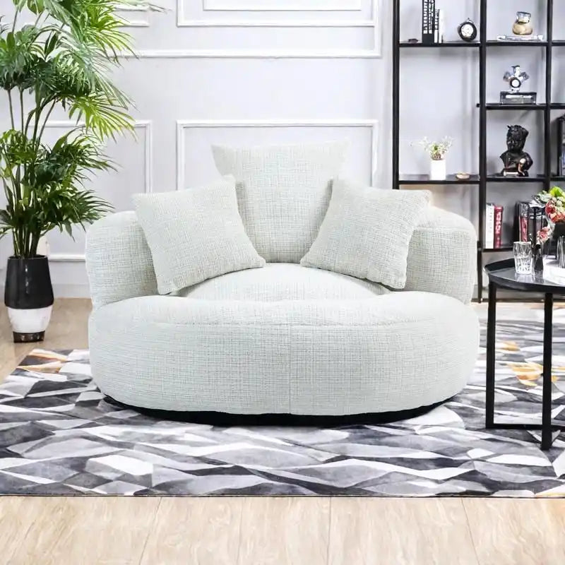 Fauteuil d'appoint rond surdimensionné avec haut dossier enveloppant, revêtement en chenille et 3 coussins