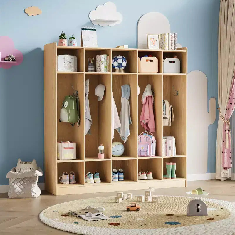 Organiseur de Manteaux pour Enfants avec 10 Casiers et Crochets, Meuble de Rangement à 5 Sections pour Salle de Classe, Crèche, Entrée ou Salle de Jeux, Chêne Naturel