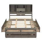 Lit plateforme Queen/King en pin avec tête de lit de rangement et 8 tiroirs