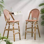 sumyeg Lot de 2 tabourets de bar de bistrot français d'extérieur 29,5, rotin PE en osier avec cadre en aluminium, finition aspect bambou, rouge rouille et blanc